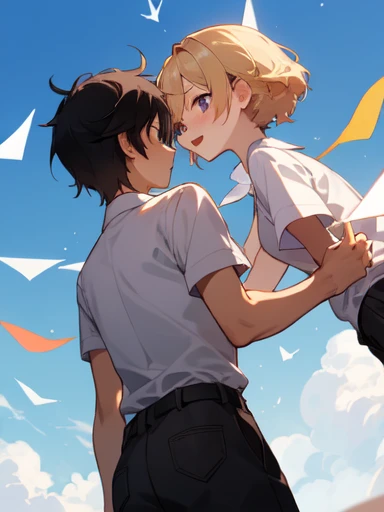 2 people, 2 shots, looking away, boy, 14 years old, friends, the two are flying paper planes, their backs to each other, warm atmosphere, 2 people, blue sky, perfect composition, trending pixiv fanbox, friends, happy, clear eyes, anime hand drawn illustration, (perfect anatomy), (ingenious angle), beautiful composition,