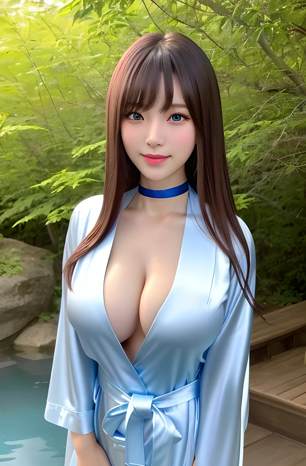 Product quality, One girl per photo, Cowboy Shot, Front view, Cute young Japanese woman, Long Bob Hair, Very smiling, Very cute face, Glossy Lips, Double eyelids on both eyes, Natural Makeup, shiny smooth light brown hair of Long Bob Hair, asymmetrical bangs, High resolution, Attention to detail, Detailed hairstyle, Detailed face, Cinema Lighting, Octane Rendering, Ultra-realistic, Perfect limbs, Perfect Anatomy, Black Choker, blue eyes, Very long eyelashes, bangs, ((The body is slim, Slim face, Cleavage)), Good posture, elegant, grows well, Deep mountain hot springs, Big Breasts, Open-air bath, ((satin bathrobe))