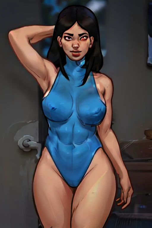 bunny black hair yellow eyes pale skin muscular girl bunny costume bunny girl seductive expression