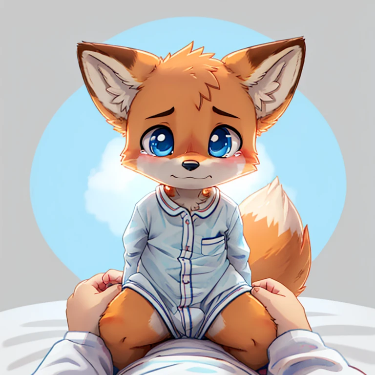 Anthropomorphic small, puppy, kid, cub, 8 year old male light orange fox, with blue eyes, half closed eyes, very sad face, sobbing, tears on eyes, pov, is carried in an adult fox arms, duo, wearing a light blue pijama, no background, front view, full body view
