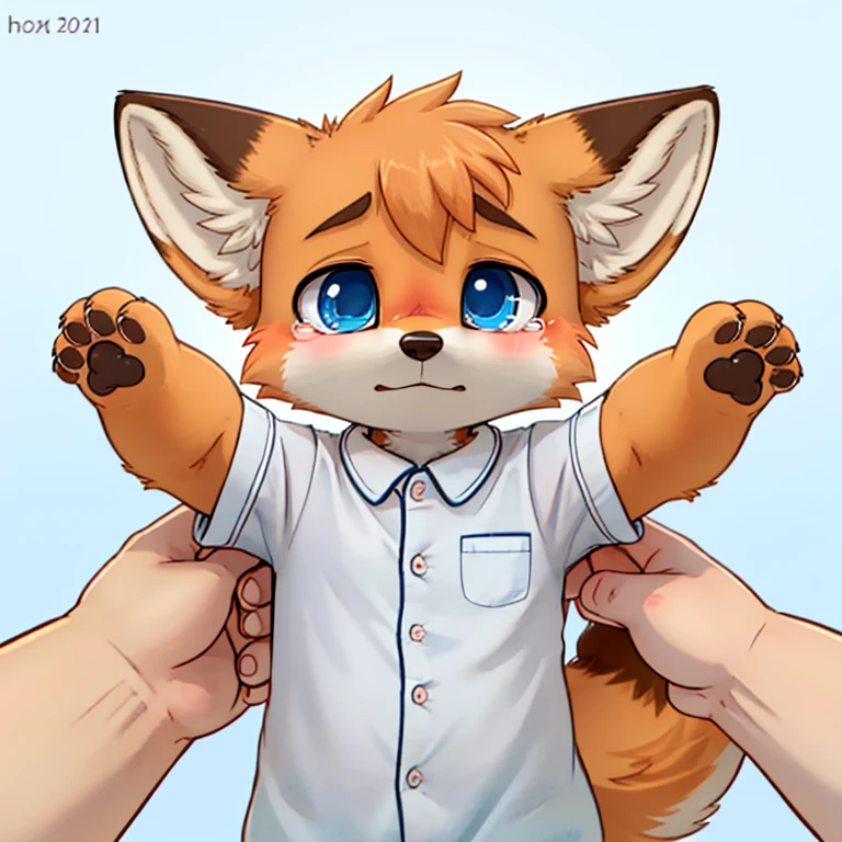 Anthropomorphic small, puppy, kid, cub, 8 year old male light orange fox, with blue eyes, half closed eyes, very sad face, sobbing, tears on eyes, pov, is carried in an adult fox arms, duo, wearing a light blue pijama, no background, front view, full body view
