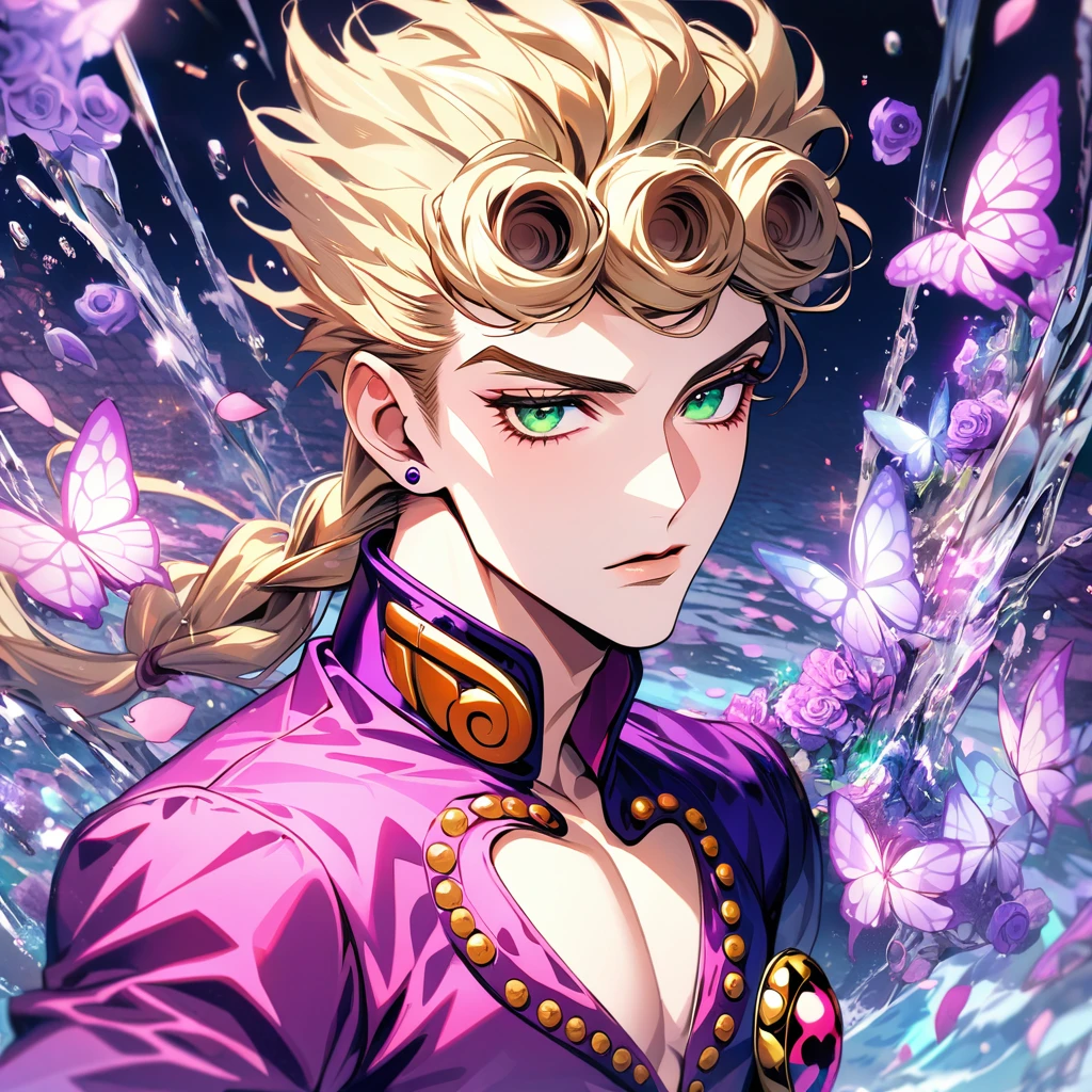 Ultra detailed, HDR, Highres, absurdres, master piece, Giorno Giovanna, blond hair, expressive green eyes, pink clothes with patterns, Jojo Bizarre Adventure, purple glittering butterflies, purple ice, petals, purple ice roses, sexy man, solo, extremely detailed face and eyes, extremely handsome, glittering, water,