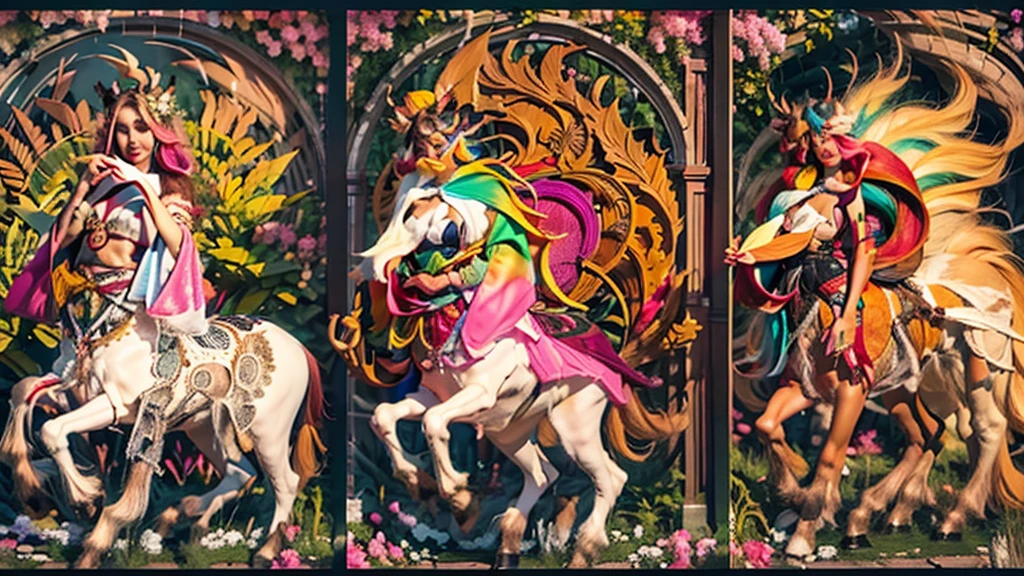 In the beautiful illustration of this super-grand scene,The ultra-distant lens shows us(More than eight distinctive Centaur characters:2.7),Their personality、Distinctive and vivid features。from(A radiant, angelic, snow-white centaur from heaven:1.1),arrive(Nightmare-like fiery red centaur surrounded by flames:1.1)、再arrive(Green Centaur, the wind fairy dancing in the air:1.1)、再arrive有(One-horned blue centaur surrounded by lightning:1.1),arrive(A mechanical-style mecha Centaur shining with metallic light:1.1)、再arrive(A powerful dragon-shaped centaur wearing colorful dragon scale leather:1.1)、再arrive(A slender elven centaur that is graceful and agile:1.1)Gracefully wears a flower crown、arrive(Enchanting and charming Tiflin centaurs:1.1)、再arrive(A succubus centaur with an indescribably y feeling:1.1)。Each Centaur character fully demonstrates his unique style。The illustration uses advanced artistic techniques and tools,Use nesting、Weaving、Splicing、perspective、interlude、Montage and other artistic techniques,Divide the scene into sections by geometric arrangement,Each part corresponds to a role,from而更有效地利用了空间,Make eight centaurs exist in one picture at the same time,(The style tends to be grotesque,abstract,fantasy,Gothic,Cthulhu,indescribable:3.3)。Through Midjourney's advanced brush tools、Color palette、Material packs和模型包、Texture tools,For each centaur, beautiful props are designed to increase racial characteristics、Clothing and physical features,Enhances the character's personality and visual appeal,The scenery in the illustrations is stunning,There are changing skies、rainbow、aurora、Stars and Moon。Incorporating iconic landmarks such as Mount Everest,and fireworks、Tranquil Lake、Natural and urban elements of waves and neon lights,Creates a magical atmosphere,Centaurs demonstrate their unique abilities and equipment in a variety of environments,This is true even in extreme alien landscapes。Use Midjourney's tools、Material packs、Texture tools、The color palette makes depicting details vivid and realistic,from复杂的发型和以及不同的种族特质、Body、Appearance features、服装arrive真实的纹理,Greatly improved the realism of the Centaurs and their surroundings,The fusion of multiple art styles adds dynamism to the character's movement at all angles,The overall visual experience is further enriched。The final illustration was described as a "masterpiece",It has the characteristics of "best quality" and "realistic",The details put into the creative process are shown、Level of creativity and craftsmanship。 hdr,(Reality,Masterpiece quality,Best quality)