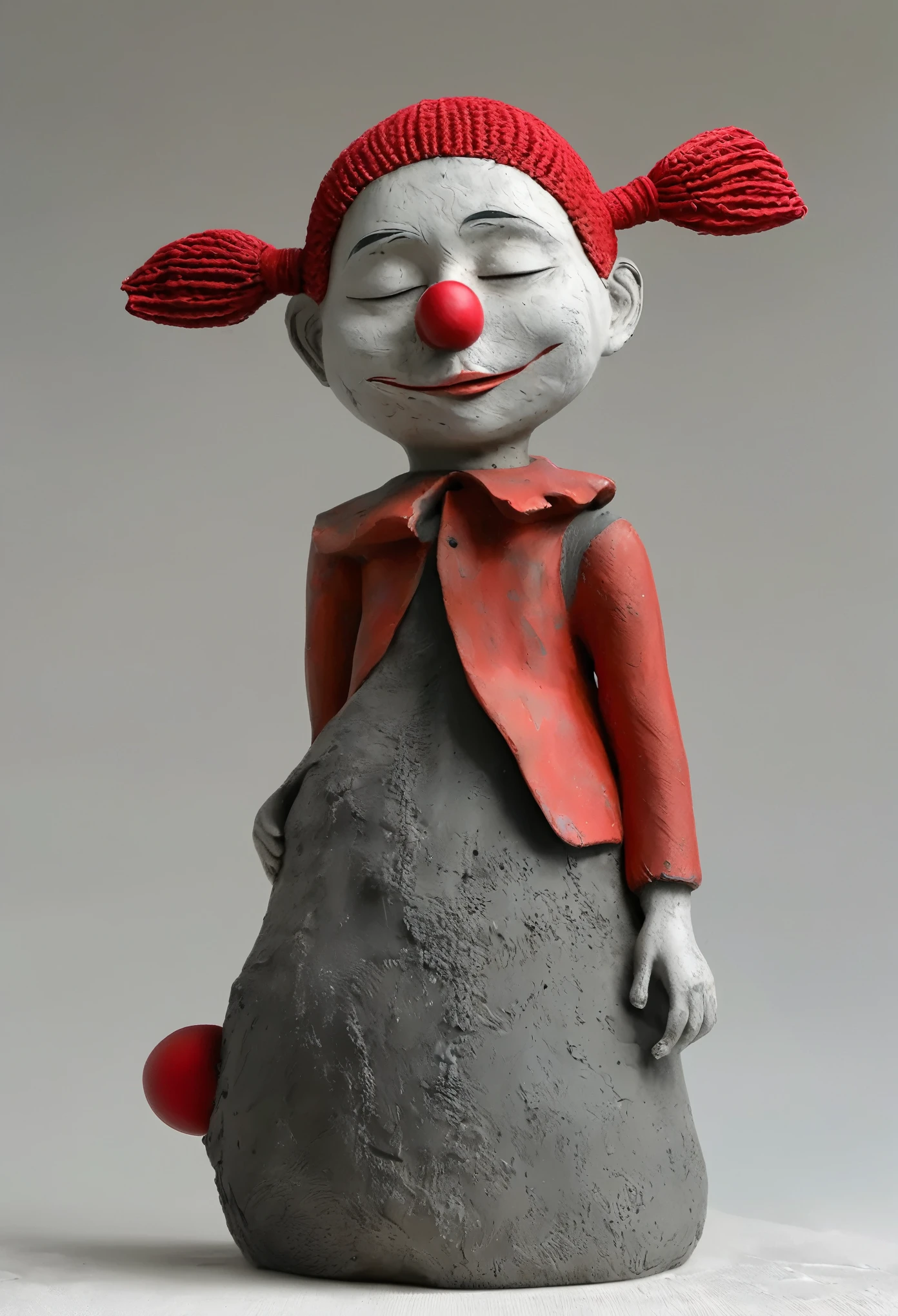(best quality:1.2),ultra-light Clay, Clay, Pottery, Rough knitted texture, distressed, dirty, mineral pigments, 3D Clay sculpture art, Clay sculpture, Rough surface, (pack,clown,Red nose,solitary figure,whole body,Barefoot,Black Slope,Slope background,Gray background,cover up,Solitary,permanent)