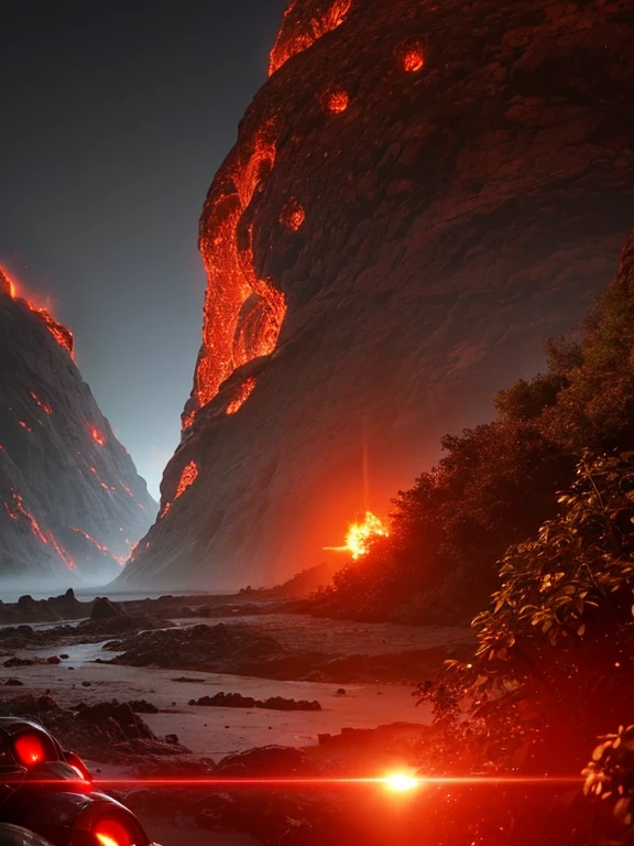 cybernetic earth with a red light inside, mechanized earth crust, the earth sprouts lava, earth's red mantle is visible, hollow earth, vtm, canyons and ridges all across earth
