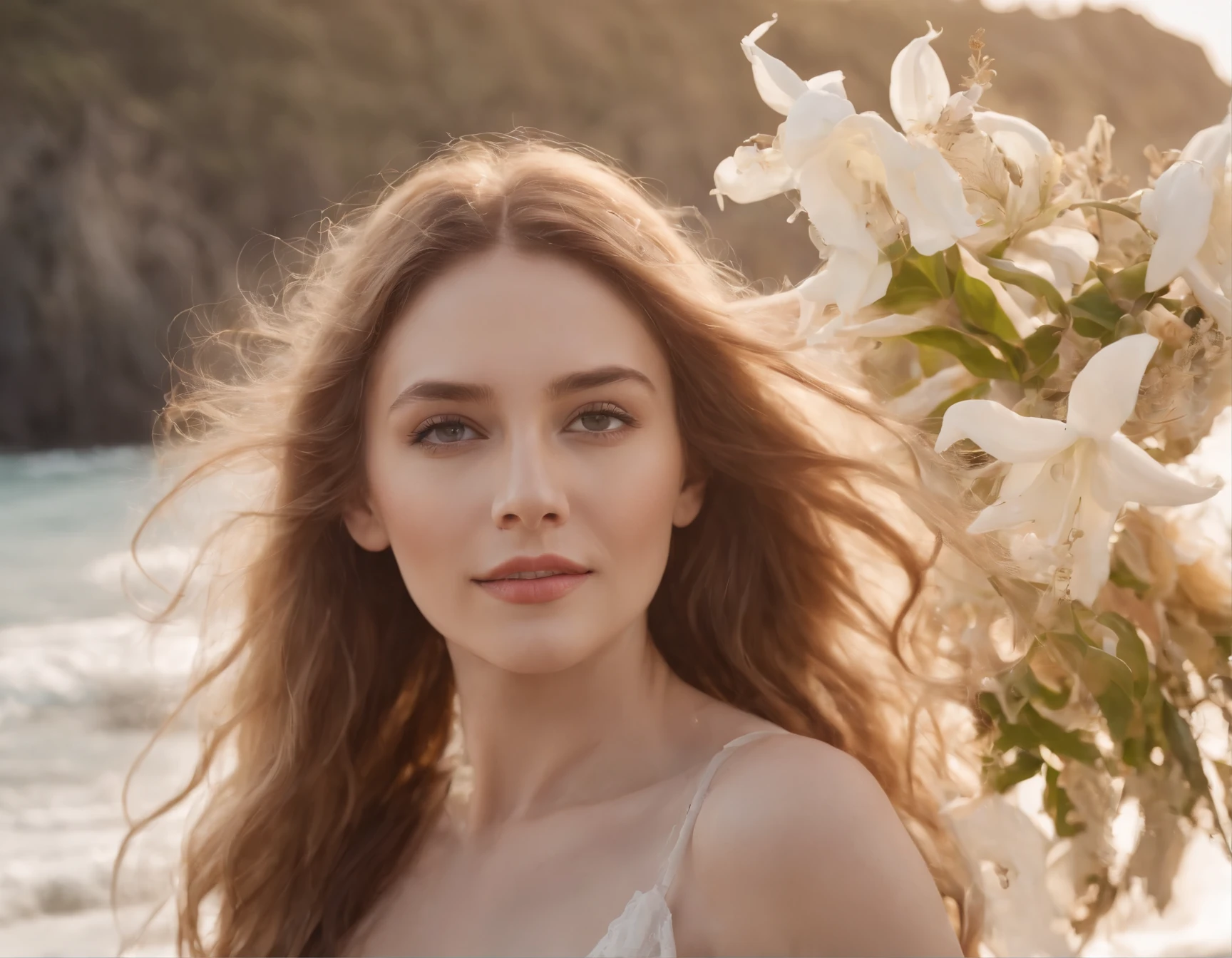 Macro portrait view of a heavenly beautiful and extremely happy goddess of waters walking on a idyalic beach, Tim Burton style, she has luscious light brown windy hair with flowers, flowers are falling from the sky, non-centralized shot