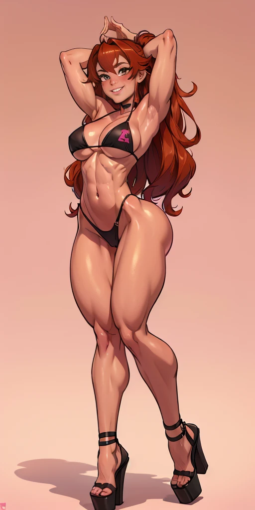 (Pink plain background) Eris Boreas Greyrat full body standing with two long thighs and high heels, big eyes, LONG messy bright RED hair, bikini, hands up show shaved armpits, navel, smiling closed mouth (red blush) golden armbands, black choker