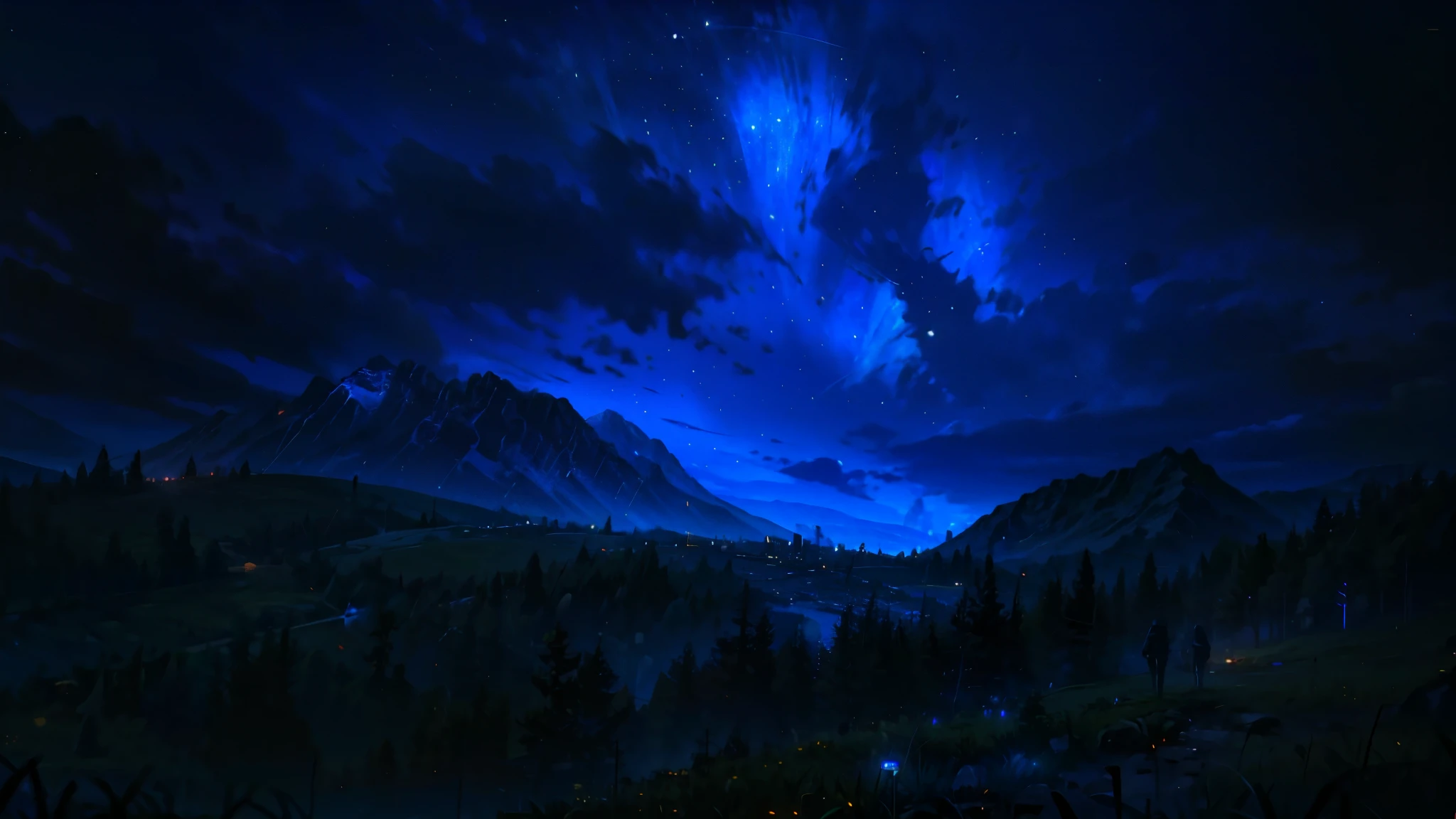 starry night sky with a mountain and a cloud, Moonlit starry sky, grass mountain night landscape, night sky; 8K, dark night environment, nighttime nature landscape, night scenery, night landscape, fantasy atmospheric lighting, calm night. digital illustration, Dark fantasy landscape, night, night time render, atmospheric night, beautiful dark landscape, cinematic night lighting