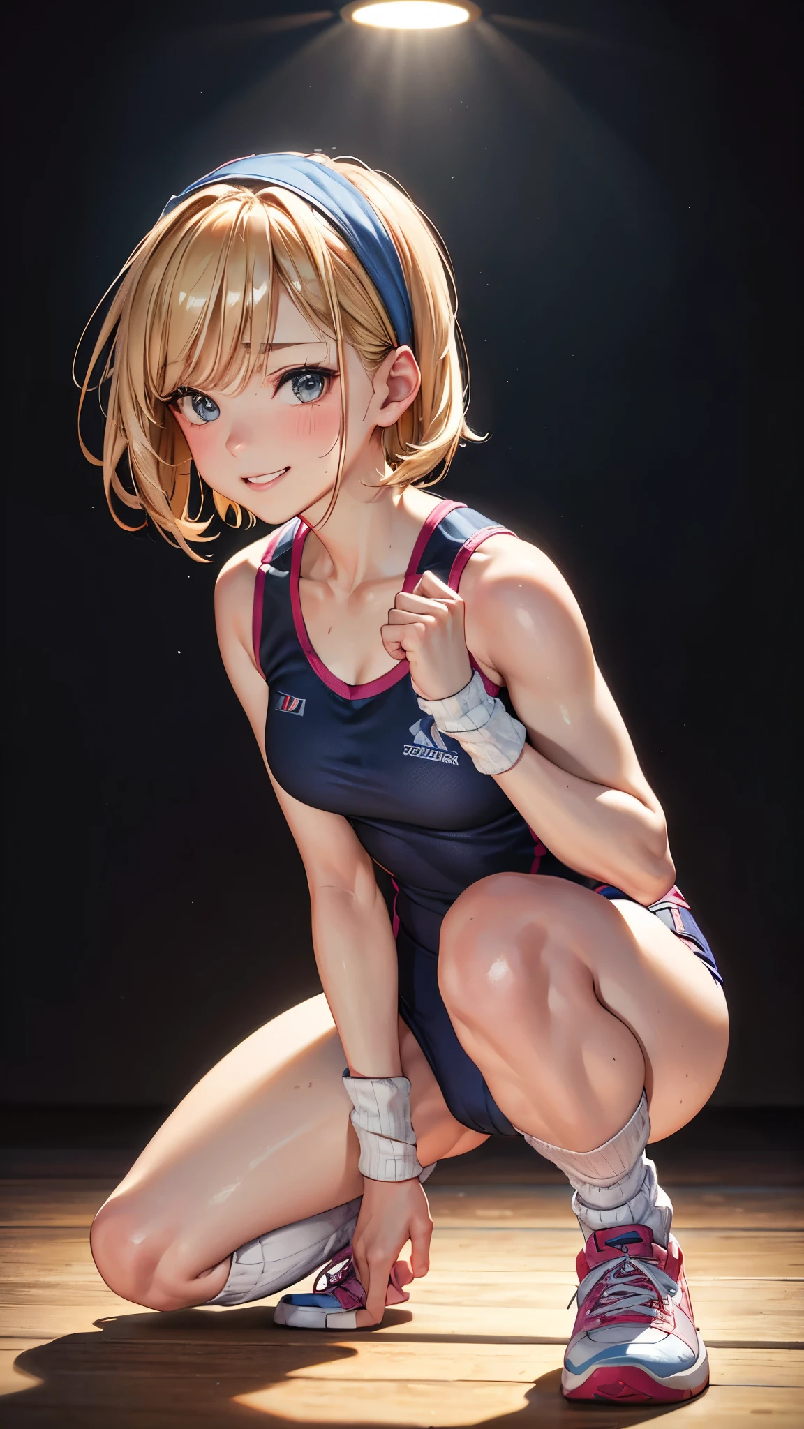 (highest quality,4K,8k,High resolution,masterpiece:1.2),Very detailed,(Realistic,photoRealistic,photo-Realistic:1.37),whole body,(Character portrait),Beautiful fine details,Beautiful lip detail,Very detailed目と顔,Long eyelashes,lean and fit body,A confident smile,Cheerful pose,attractive appearance,Colorful background,Vibrant colors,Studio Lighting,Bokeh,Women Artists,,Professional,Short blonde bob hair,((Sweatband)),Aerobics Instructor,Grin,Sweat,Active lifestyle,Sporty look,leotard,((socks,sneakers)),Flexible movement,Slender body,Shiny texture,Sculpted figures,A progressive fitness environment,Positive attitude,Healthy shine,Fitness Motivation,Personal trainer