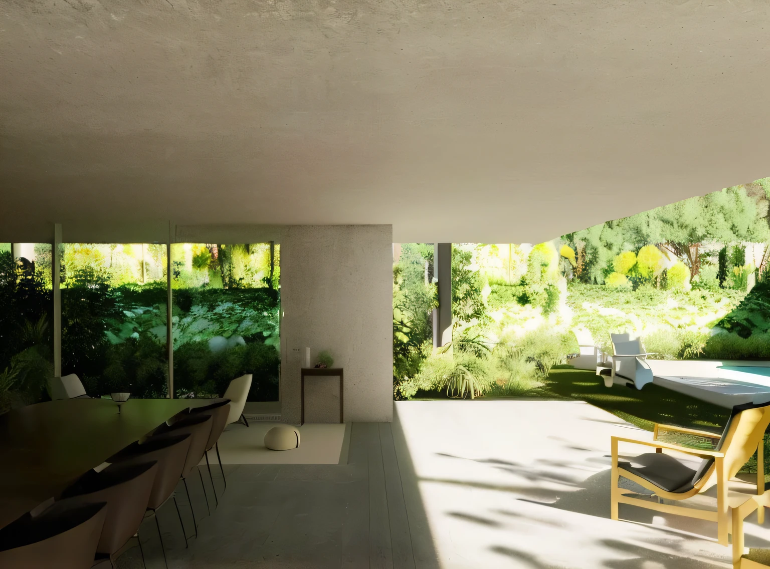 there is a long table and chairs in a room with a view, architectural rendering, casa na mata, photographic rendering, archiving, architectural rendering, casa conceito, architectural visualization, highly photographic rendering, detail rendering, casa minimalista na madeira, green terrace, natural realistic rendering, Detailed rendering, architectural renderinging, realistic physics rendering, a photorealistic rendering
