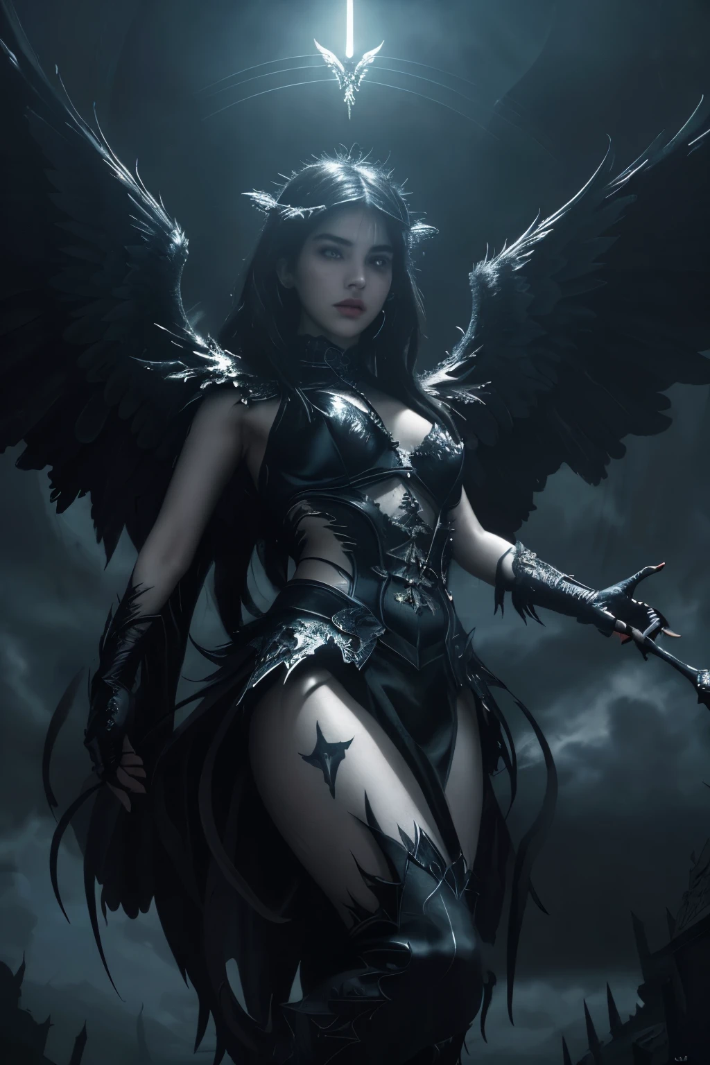 (Dua Lipa) (best quality,4k,8k,highres,masterpiece:1.2),ultra-detailed,realistic:1.37,epic art,colorful scary angel,(Apterus:1.5),oil painting,angry eyes,dark wings,vibrant colors,mysterious background,heavenly atmosphere,glowing halo,intense emotions,expressive brushstrokes,haunting presence,ethereal beauty,foreboding shadows,ominous lighting,dramatic composition,demonic features,sharp and detailed feathers,distinctive textures,contrast between light and dark,awe-inspiring,otherworldly,divine,fantasy theme,mythological creature,impressive wingspan,dynamic pose,ominous clouds,fallen angel,intricate details,captivating,unforgettable,visually stunning