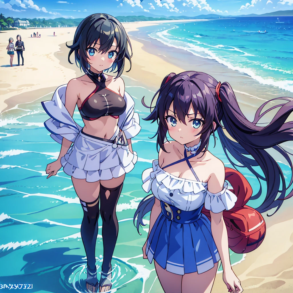 anime characters standing next to each other on a beach, Kantai Collection Style, wlop and sakimichan, Makoto Shinkai and Artgerm, Gweitz, At the beach, At the beach, 2人の美しいAnime Girls, At the beach, artwork in the style of Gweitz, Anime Girls, Gweitz on pixiv artstation