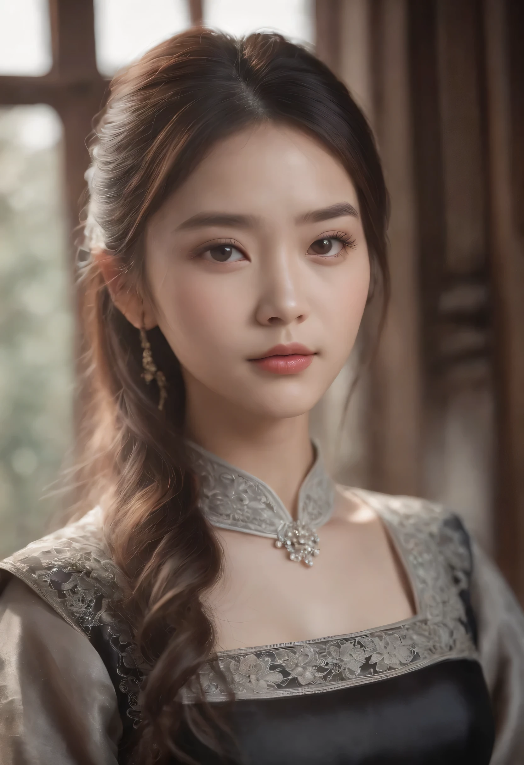 Realistic portrait, Official Art, Unity 8k wallpaper, super detailed, beautiful, beautiful Asian girl, focused on detailed face, has a little to no darkspots, wearing black clothing, facing camera and looking at camera, 3/4 angle, masterpiece, best quality, dark, atmospheric, mystical, romantic, creepy, literature, art, fashion, show era, decoration, intricacies, fur products, lace, contemplation, emotional depth, supernatural, traditional chinese style dress,1girl, solo, neck, bust composition, Realistic, bokeh, lens_flare,Natural light,portrait,Grey Film filter,(KODAK Ektar 100:1.2)