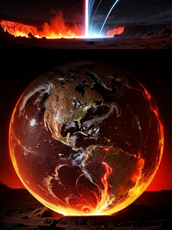 cybernetic earth with a red light inside, mechanized earth crust, the earth sprouts lava, earth's red mantle is visible, hollow earth, vtm, canyons and ridges all across earth, geyser of fire coming out of earth