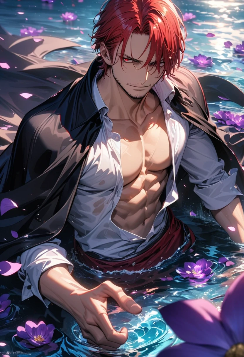 absurdres, highres, ultra detailed, HDR, masterpiece, extremely detailed face and eyes, Shanks, red hair, expressive red eyes, One Piece, solo, sexy man, toned chest, handsome, black cape, white shirt, water, petals, purple flowers, purple shining light