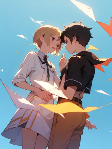 2 people, 2 shots, looking away, boy, 14 years old, friends, the two are flying paper planes, their backs to each other, warm atmosphere, 2 people, blue sky, perfect composition, trending pixiv fanbox, friends, happy, clear eyes, anime hand drawn illustration, (perfect ???????), (ingenious angle), beautiful composition,
