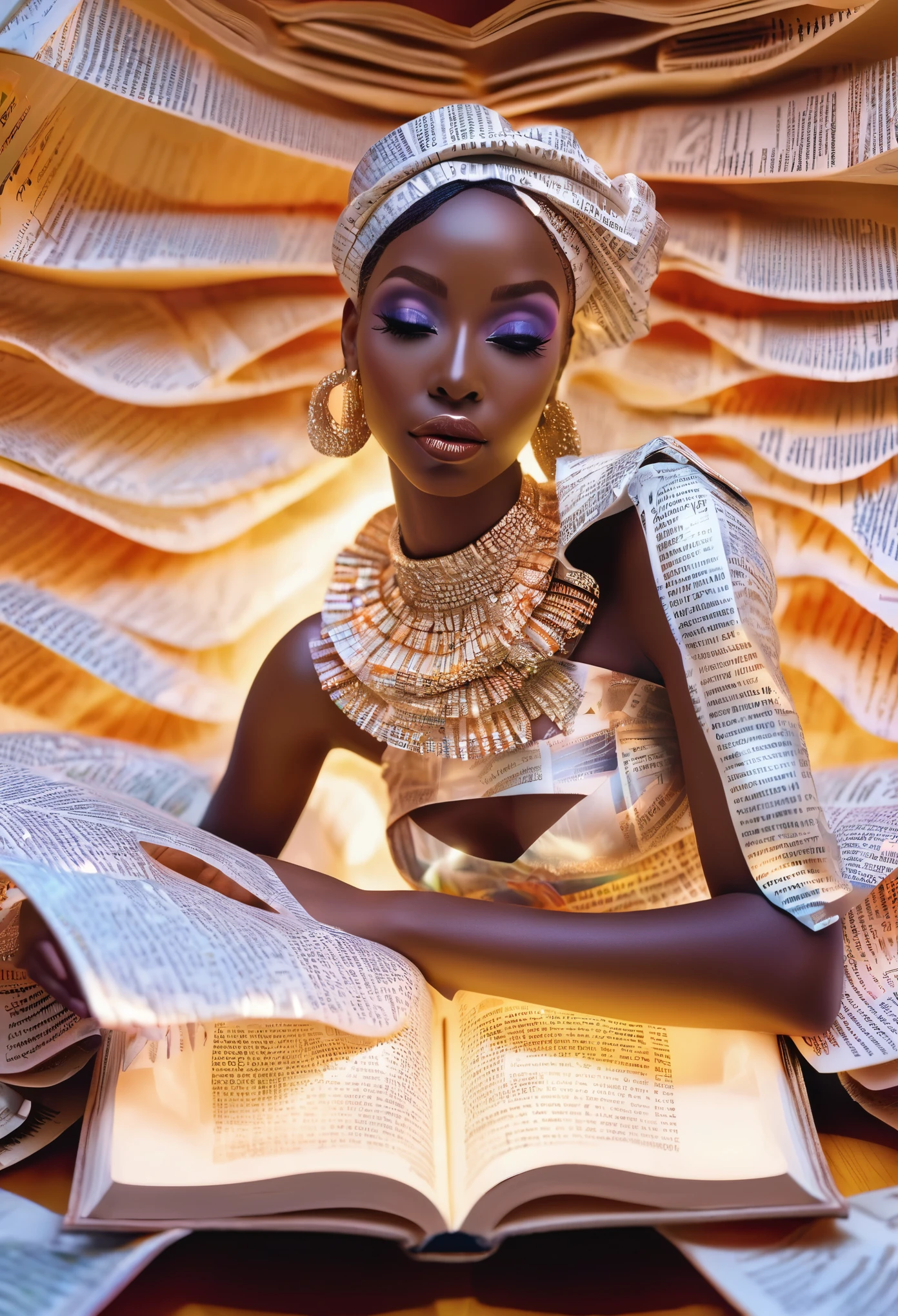 a holographic image of a miniature African woman  dressed in paper designed clothes laying on a giant open book, words in the book reflecting all over her body, the reflecting words glowing white providing a beautiful surreal imagery, the background library dim lit with focus image sharpness on the African woman laying inside an open  giant book,