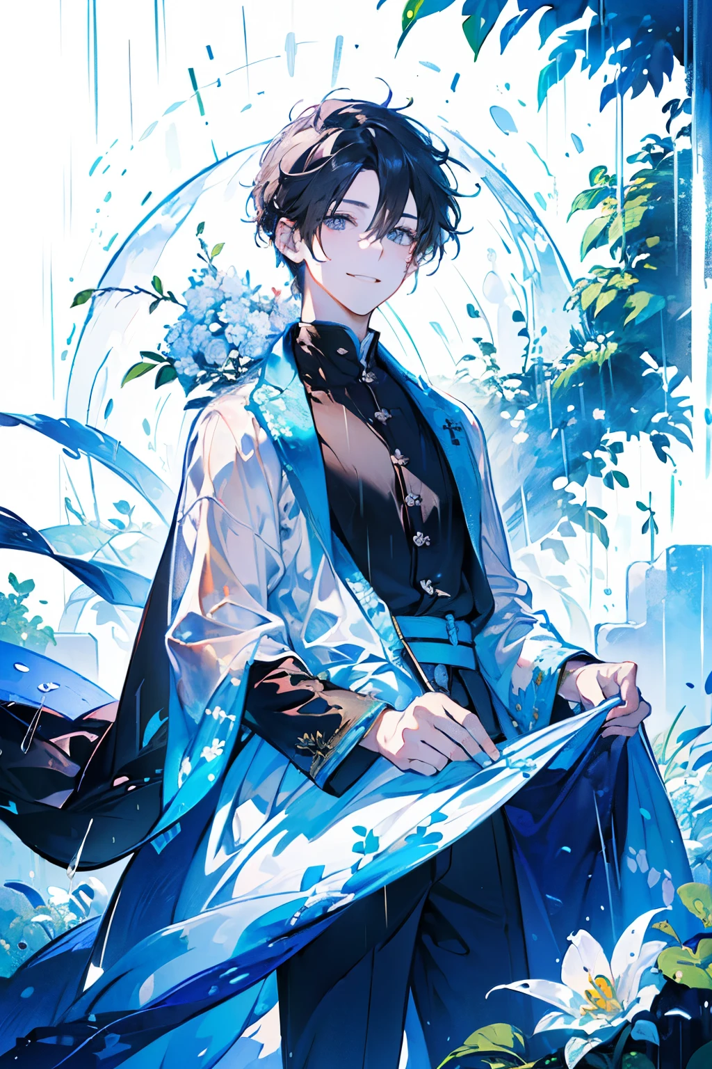 (old male:1.45)、(masterpiece、highest quality、highest quality、Beautiful and beautiful:1.2)、(Good anatomy:1.5)、Painting of a girl with milky white straight hair、Shy smile、Sparkling Eyes、looking at the camera、Emerging from among the flowers and leaves、Suzuran、(it's raining:1.45)