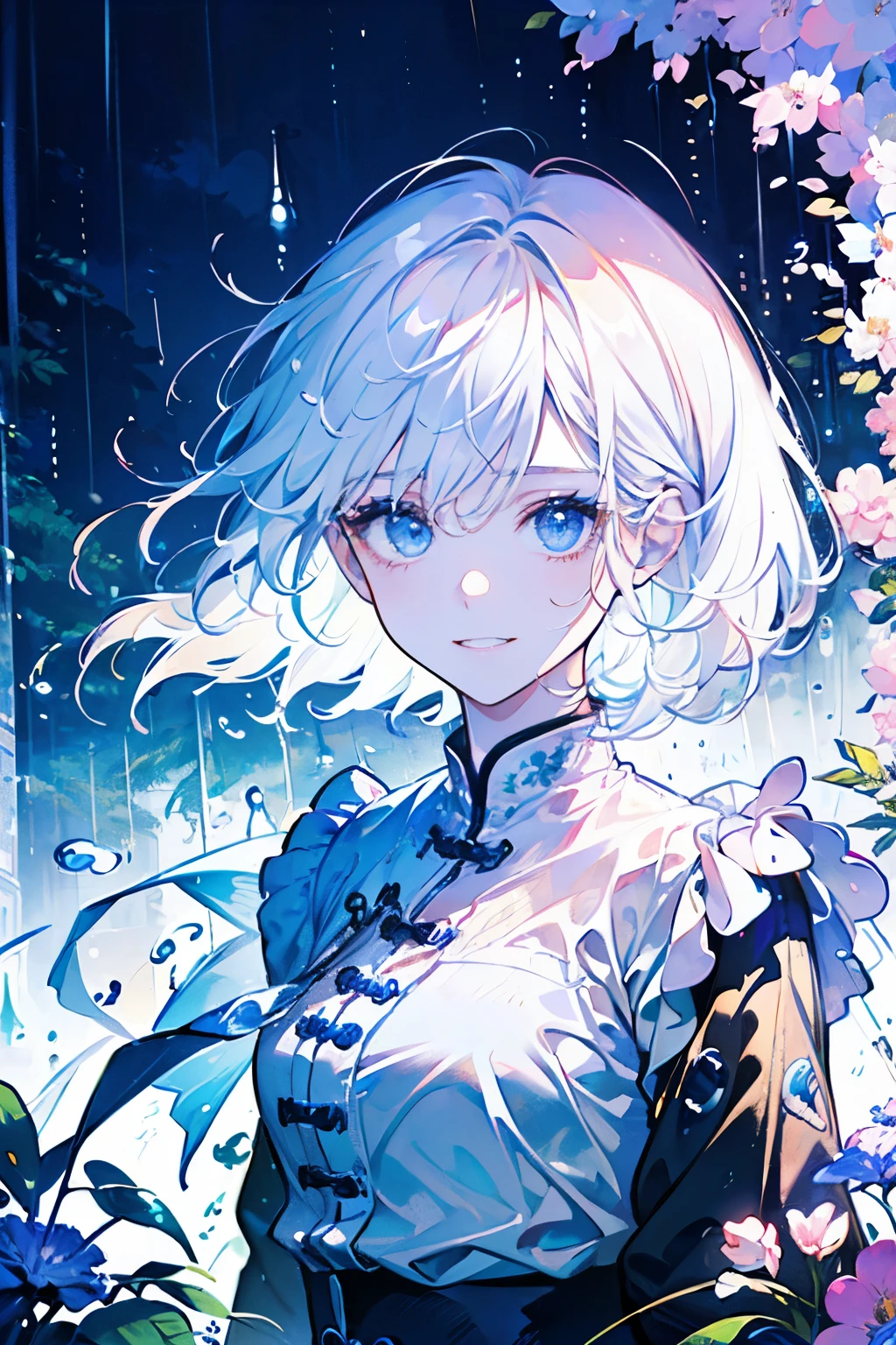 (old male:1.45)、(masterpiece、highest quality、highest quality、Beautiful and beautiful:1.2)、(Good anatomy:1.5)、Painting of a girl with milky white straight hair、Shy smile、Sparkling Eyes、looking at the camera、Emerging from among the flowers and leaves、Suzuran、(it's raining:1.45)