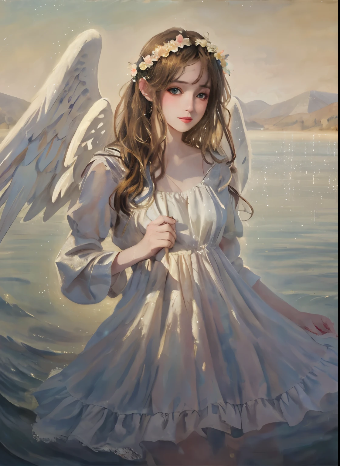 "(best quality,ultra-detailed),water element angel from lake,beautiful detailed eyes,beautiful detailed lips,flowing white dress,ethereal beauty,long flowy hair,golden halo,sparkling water drops,floating wings,soft ethereal light,impressionist painting style,vibrant colors,pastel color palette"