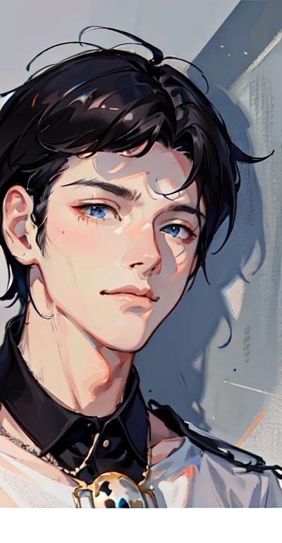 1boy, apple, bag, bangs, berry, black hair, black shirt, blue eyes, hair between eyes, jewelry, leaf, looking at viewer, male focus, necklace, pants, shirt, solo, watch, white pants, wristwatch, messy hair, trending on artstation, 8k resolution, highly detailed, anatomically correct, sharp image, digital painting, concept art, trending on pixiv, style of makoto shinkai,