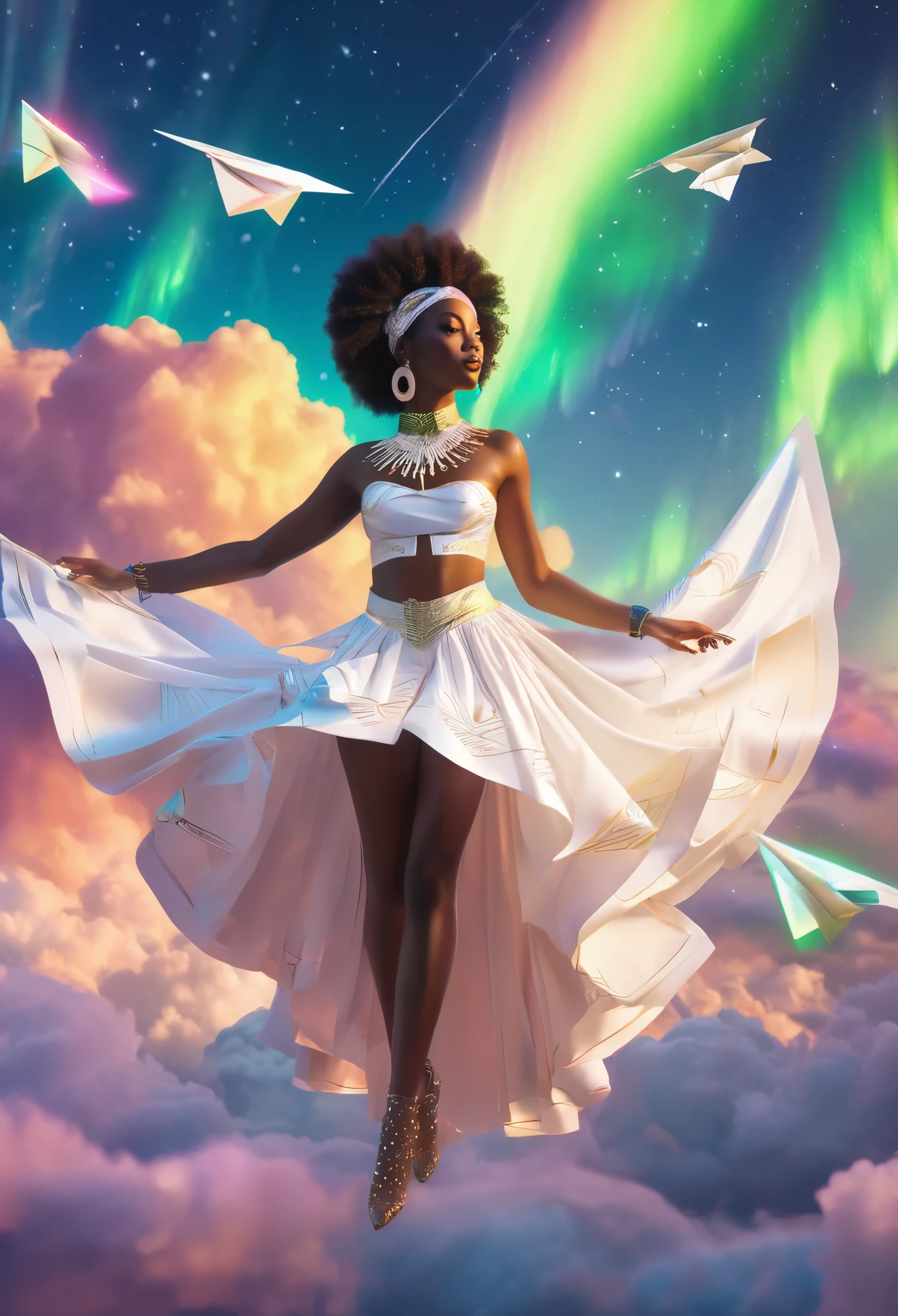 A black woman floating in the sky, surrounded by a beautiful aurora borealis in the sky, she's dressed in white African designed clothes, paper planes flying around her, 32k, ultra HD, sunlight piercing through the clouds providing a beautiful cinematic scene.