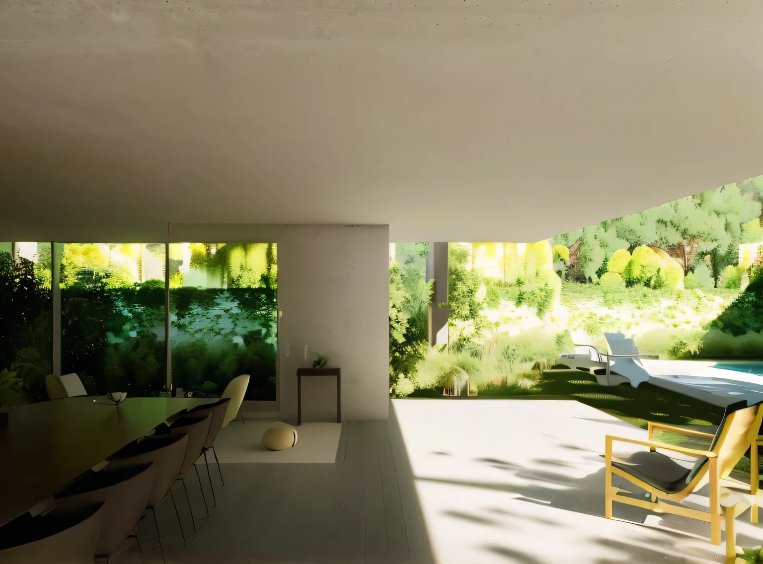 there is a long table and chairs in a room with a view, architectural rendering, casa na mata, photographic rendering, archiving, architectural rendering, casa conceito, architectural visualization, highly photographic rendering, detail rendering, casa minimalista na madeira, green terrace, natural realistic rendering, Detailed rendering, architectural renderinging, realistic physics rendering, a photorealistic rendering