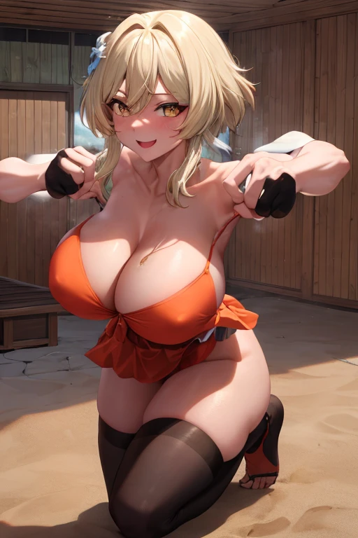 masterpiece, best quality, beautiful art, high resolution, well formed hands, body and fingers, 1 woman, solo, Lumine, adult, grown up, big breasted, cleavage, full body, hair ornament, gorgeous legs and thighs, smile, wearing a Mii outfit, sexy and skimpy jungle bikini, pelvic curtain, she is fighting in a combat match at a martial arts tournament, she is getting ready to fight, making her guard pose, action and fighting scene, about to hit the viewer, looking at the viewer, sweating , feeling confident and proud, smiling joyfully and happily, charming her opponent with her beauty, winking at the viewer, fighting scene, martial arts tournament on the beach