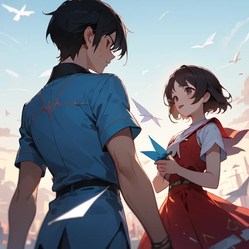 2 people, 2 shots, looking away, boy, 14 years old, friends, the two are flying paper planes, their backs to each other, warm atmosphere, 2 people, blue sky, perfect composition, trending pixiv fanbox, friends, happy, clear eyes, anime hand drawn illustration, (perfect anatomy), (ingenious angle), beautiful composition,