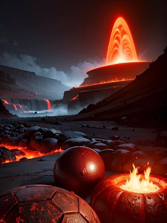 cybernetic red ball of magma with a geyser of fire coming out of it, mechanized earth crust, the earth sprouts lava, earth's red mantle is visible, hollow earth, vtm, canyons and ridges all across earth,