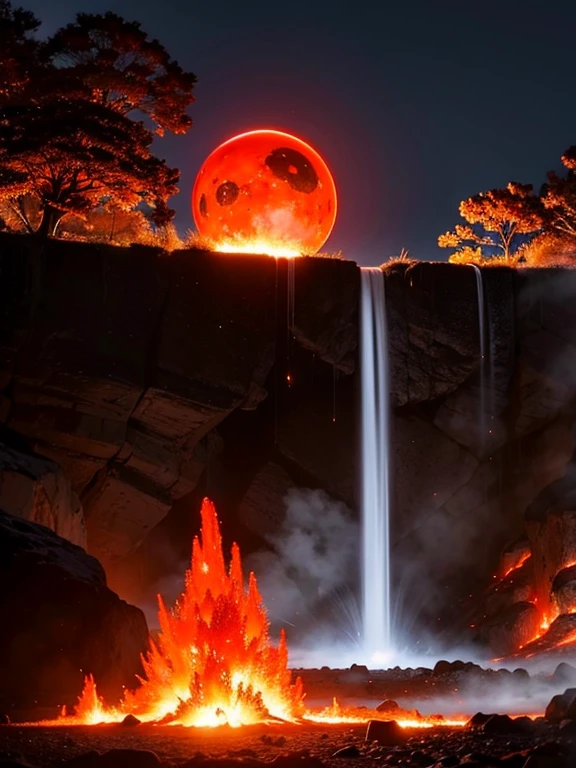 cybernetic red ball of magma with a geyser of fire coming out of it, mechanized earth crust, the earth sprouts lava, earth's red mantle is visible, hollow earth, vtm, canyons and ridges all across earth,