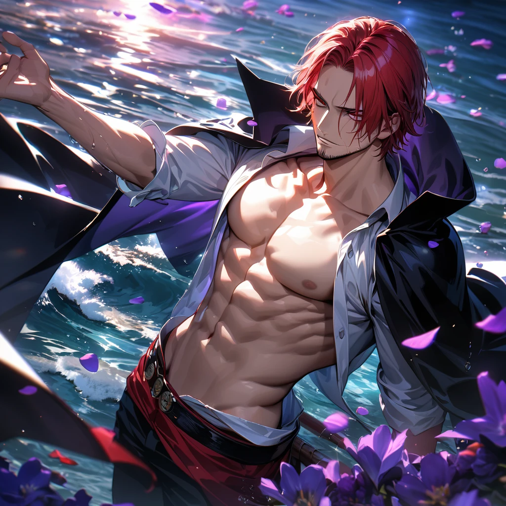 Ultra detailed, highres, absurdres, HDR, master piece, Ryoumen Sukuna, pink hair, expressive red eyes, Jujutsu Kaisen, water, autumn, petals, orange and yellow leaves, sexy man, solo, handsome, black shirt, black long coat, red, toned chest, best quality,