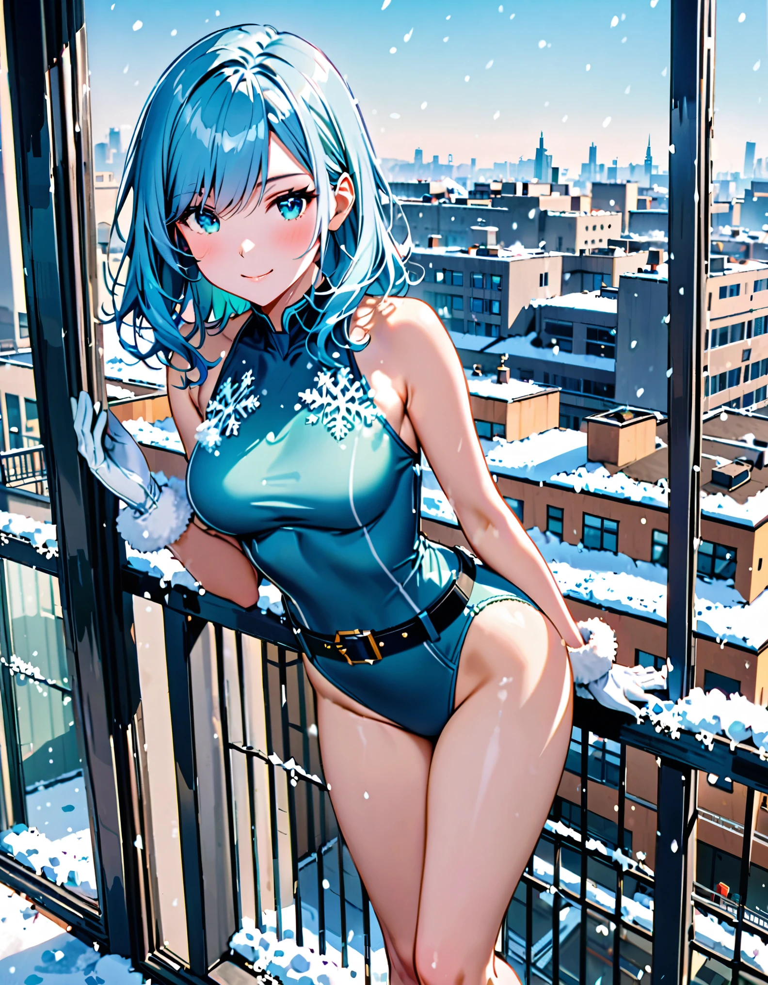 best quality, best quality, incredibly absurdres, highly detailed, delicate texture, 1girl, solo, solo focus, intelligent beauty, medium hair, (armpit-length hair, blue hair), aquamarine eyes, hair over one eye, (blue leotard with green accents), (tight belt), bare legs, matching gloves, matching boots, ankle boots, standing straight, playful, cute smile, closed mouth, outside office balcony, (body infused with frost, body infused with snow)