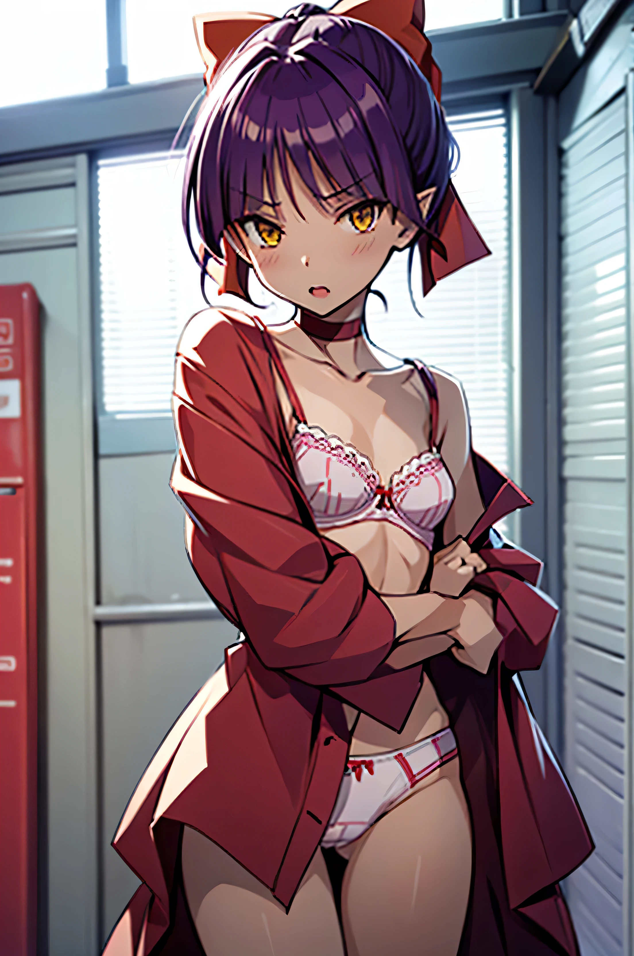 nmm1, nekomusume, nekomusume \(gegege no kitarou 6\), One girl, Purple Hair, Yellow Eyes, alone, Red dress, Red choker, Hair Bow, Pointed Ears, short hair, Red Bow, bangs, clavicle, brooch, jewelry, Undressing, Change of clothes, Open shirt, Shirtless, Cute pink bra, Pure White Panties, window, Small breasts, Small breasts, Mouth closed, sunlight, Backlight