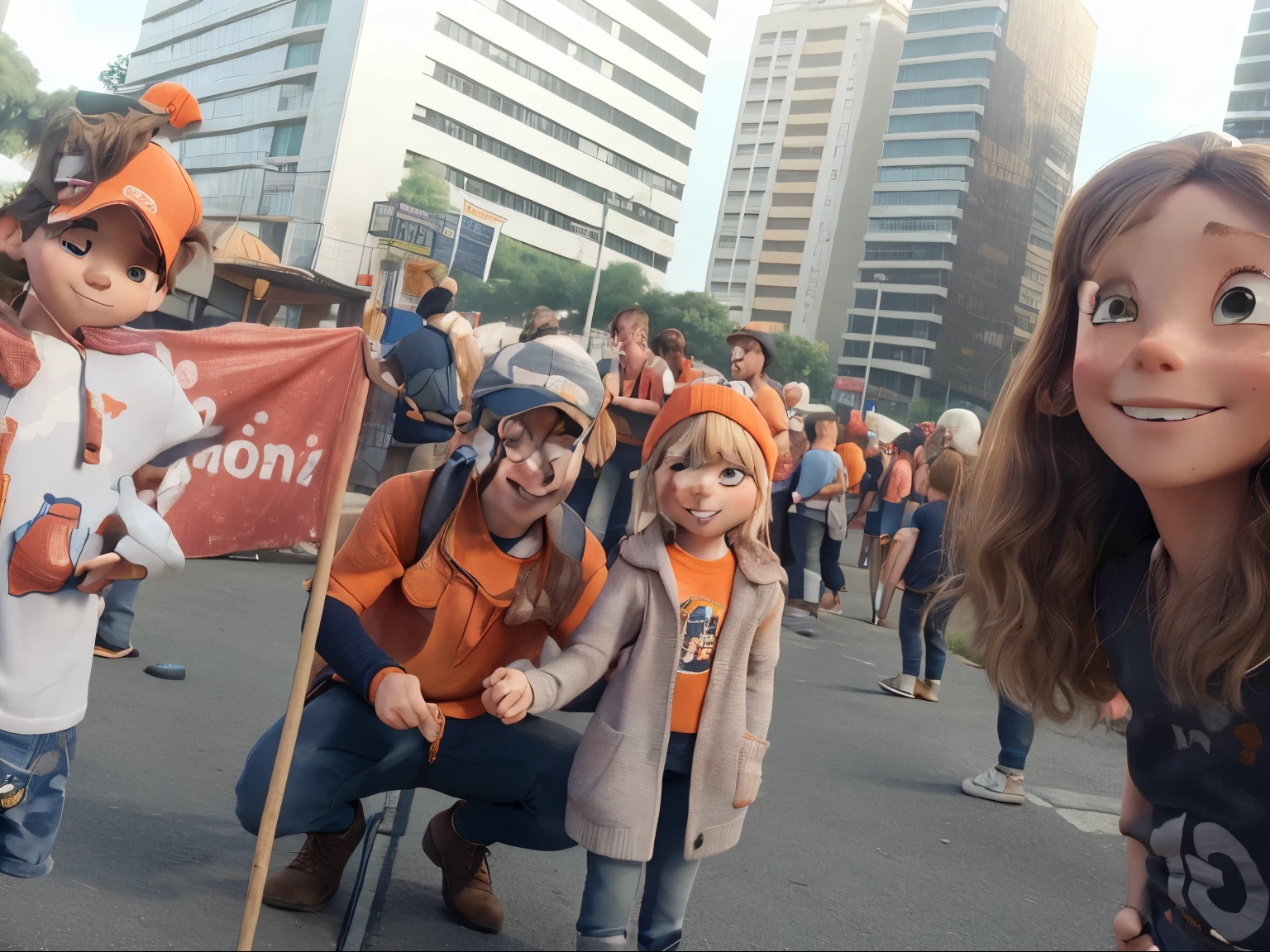 Crouching man with orange shirt and cap holding hands with a small blonde woman wearing bangs and smiling. Ao fundo momtanhas e uma barraca de acampar
