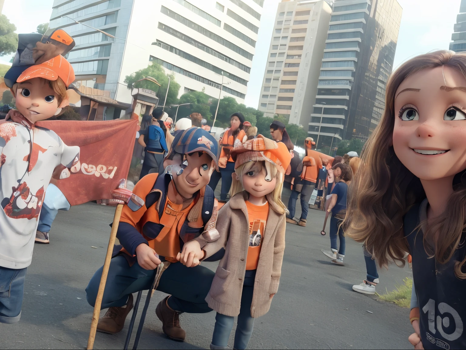 Crouching man with orange shirt and cap holding hands with a small blonde woman wearing bangs and smiling. Ao fundo momtanhas e uma barraca de acampar