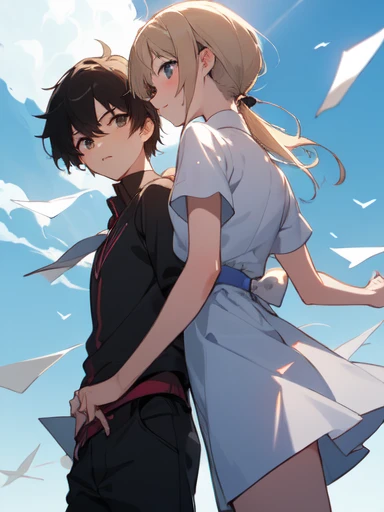 2 people, 2 shots, looking away, boy, , friends, the two are flying paper planes, their backs to each other, warm atmosphere, 2 people, blue sky, perfect composition, trending pixiv fanbox, friends, happy, clear eyes, anime hand drawn illustration, (perfect anatomy), (ingenious angle), beautiful composition,