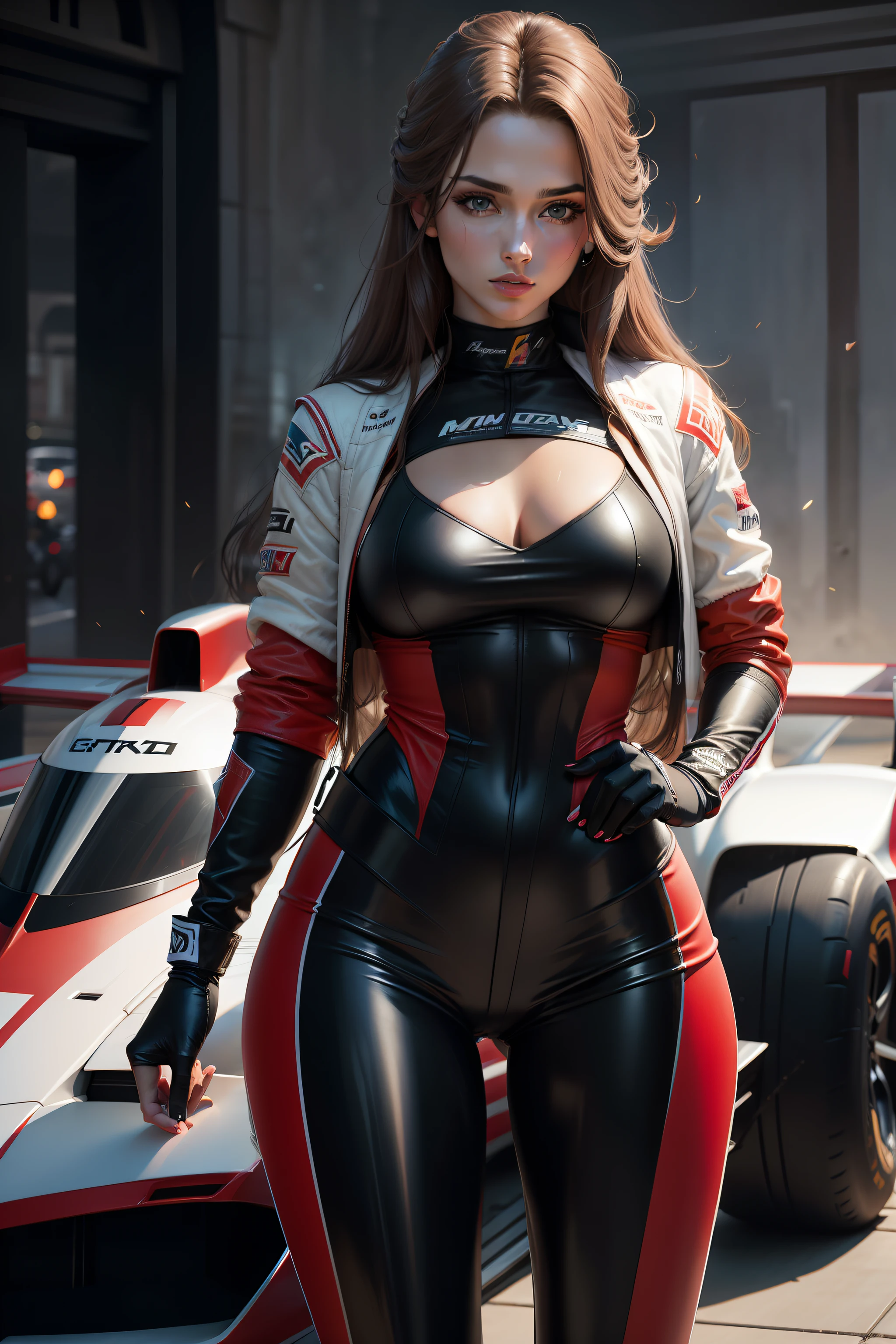 obra-prima,Best graphicotorista,Mulheres lindas,Do not wear a helmet,Cabelo comprido com xale,Use trajes de corrida sexy,Carne exposta,leather pants,Stand next to the Formula cars,Portable Racing Helmet,qualidade de imagem de filme,8k