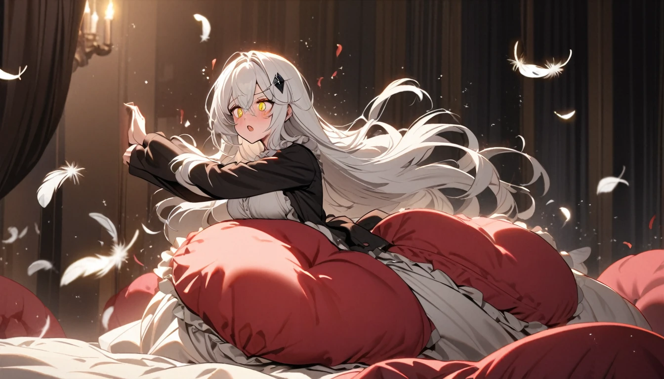 A woman, flowing white hair, melancholy eyes, yellow pupils, black diamond-shaped hairpin, She slaps a super huge red silk cushion on the bed. Tiny feathers are dancing, Lots of little feathers erupting from the cushions.