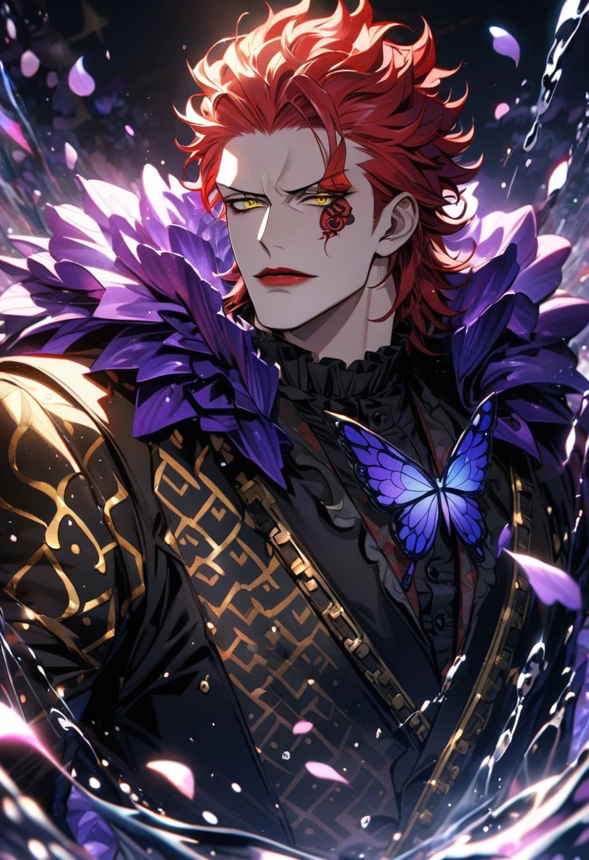 Ultra detailed, HDR, Highres, absurdres, master piece, Eustass ???, red hair, expressive yellow eyes, red lips, black clothes with patterns, One Piece, purple glittering butterflies, purple ice, petals, purple ice roses, sexy man, solo, extremely detailed face and eyes, extremely handsome, glittering, water,