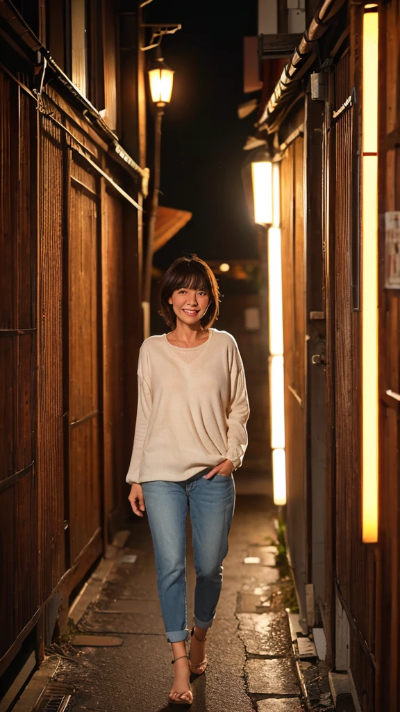 ((highest quality)), ((8K)), ((masterpiece: 1.3)), (Perfect appearance), (Photorealism: 1.6), (Japanese mature woman walking down a rundown alley), (Shinjuku Golden Gai at night: 1.4), (Narrow alley lined with izakayas: 1.2), (Detailed background), (60 years old, Japanese Mature), (Beautiful Japanese mature woman: 1.2), ((front, Center of screen)), ((Realistic skin texture)), (Fine lines all over the skin), (Dull skin), (Moisture wrinkles on the face), (Wrinkles around the eyes), double eyelid, Tear bags under the eyelids, The gaze is directed towards us, Smiling gently, Short bangs, hair with natural movement, (Casual attire: 1.4), High heels, (Full body portrait: 1.4),