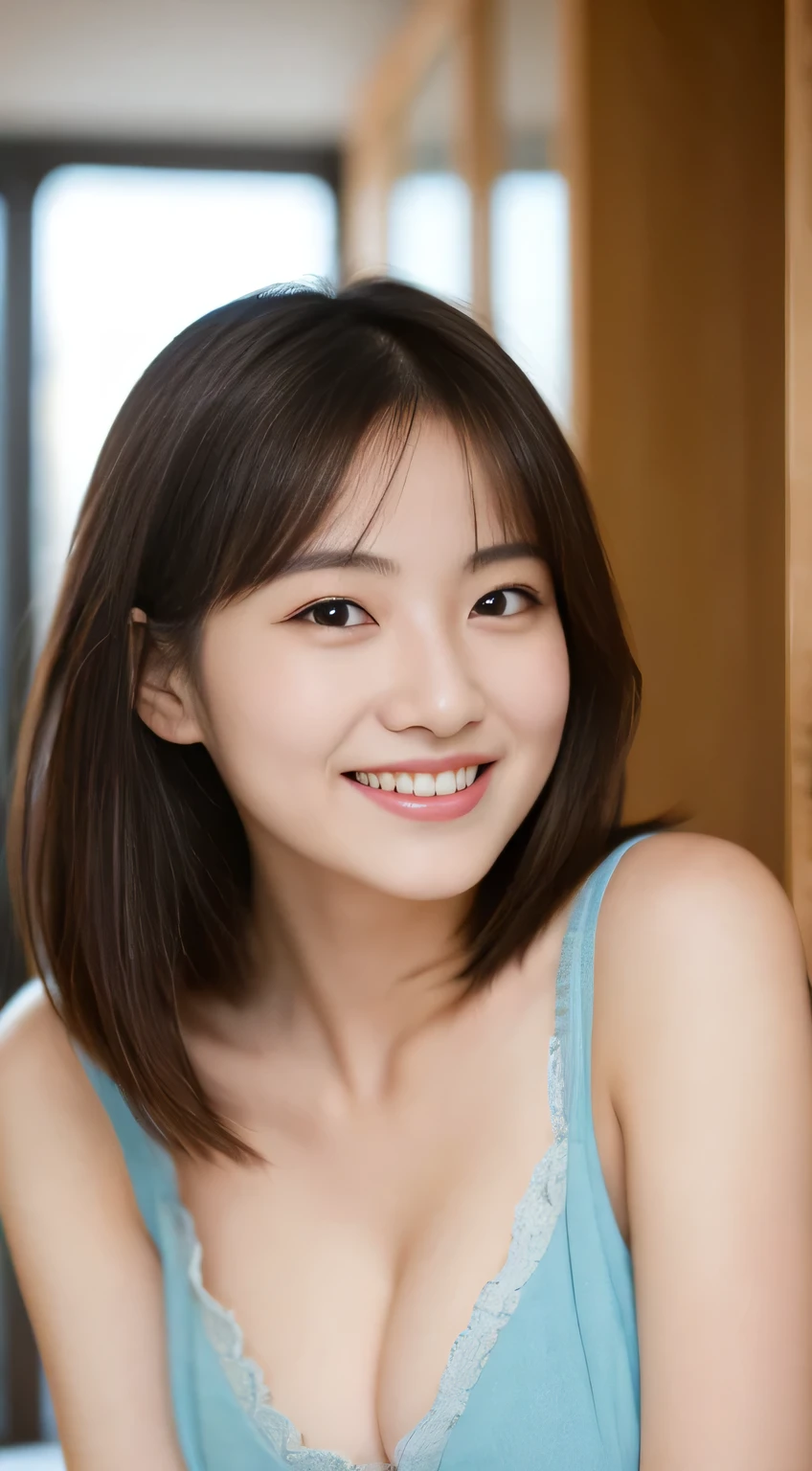 masterpiece,best quality,(Japanese ),((Beautiful girl)),cleavage,indoor,(perfect body beauty:1.2),(shy smile),beautiful teeth,