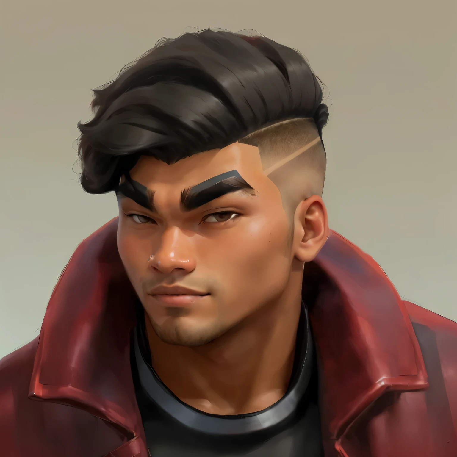 a tan samoan man with an Undercut side swept hair, wearing red leather collar, bushy eye brows