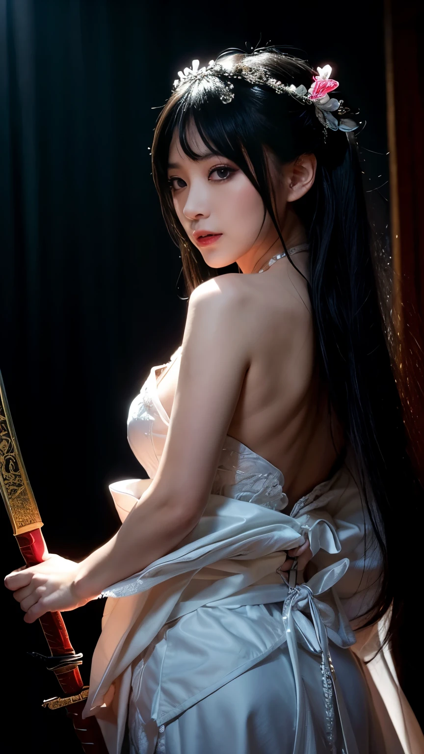 (Best image quality), (masterpiece), (Vibrant, photographリアル, Realistic, dramatic, dark, Sharp focus, 8k), beautiful, Very detailed顔と肌の質感, sexy wedding dress, Heavenly beauty, Mature Asian Woman,Long black hair, Compensate, Browsing Caution ,Close-up shot, ((Backlight)), Holding the Sword, Samurai Wedding、OK、(Best illustrations)、8k solveolution、Intricate details、highest quality、Realistic、Very detailed、Best lighting、Best Shadow、Ultra HD、Necromancer、night、magic、Dark Style、Succubus、devil'daughter、Bat Wings,(((devil horns)))、((((Black-rimmed round glass Easter pieces、expensive_solve、beautiful顔、Tyndall effect、photographリアル、(High resolutionスキン:1.2)、8KUHD、Digital SLR、expensivetquality、photograph、expensivet solveolution、 absurdesolve、Ponytail Distortion、The optimal ratio is four fingers to one thumb.、highest quality、masterpiece、High resolution、1 girl、hair ornaments、necklace、gem、Beautiful expsolvesion、Body Up、Big breasts are important、Tight waist、Wide ass、Tyndall effect、Realistic、Dark Studio、Two-tone lighting、(High resolutionスキン:1.2)、8K Ultra HD、Digital SLR、Soft lighting、expensivetquality、Volumetric lighting、Frank、photograph、expensivet solveolution、4K、8k、Bokeh、(((Huge breasts)))、
