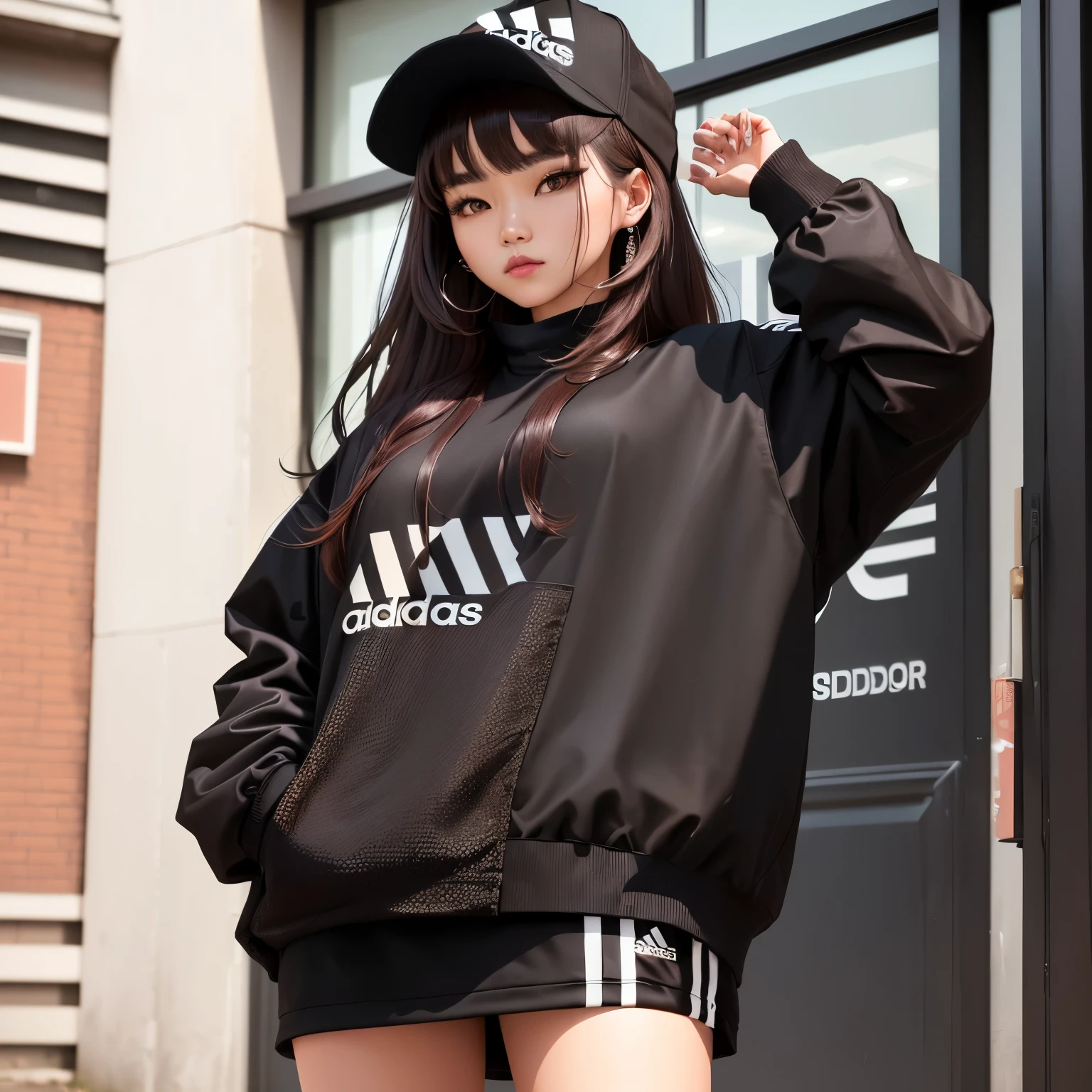 A woman dressed in black and brown clothes poses for a photograph, Wear Adidas clothes, Trending on cgstation, korean female fashion model, She wears streetwear, Trending on cgstation, Black Pink&#39;s Jisoo, Two women in techwear, Photos of women in techwear, Zia, inspired by Han Gan, Inspired by Ion Andreescu, Works that influenced Zou Yigui&#39;Dragon Ball&#39; + 「Translucent holographic projection onto the world in 2023」, Abstract, dream-like, Broken glass shards, Digital Grid Effect, Complex Environment, twist, ArtJam and Yoji Shinkawa、Painting by Kim Hyung-tae, 「It&#39;s perfectly shaded」, Cinema Lighting, Depth of written boundary, truth, Volumetric lighting, Center Shot, Dynamic pose, Post-production, Professional Color Grading