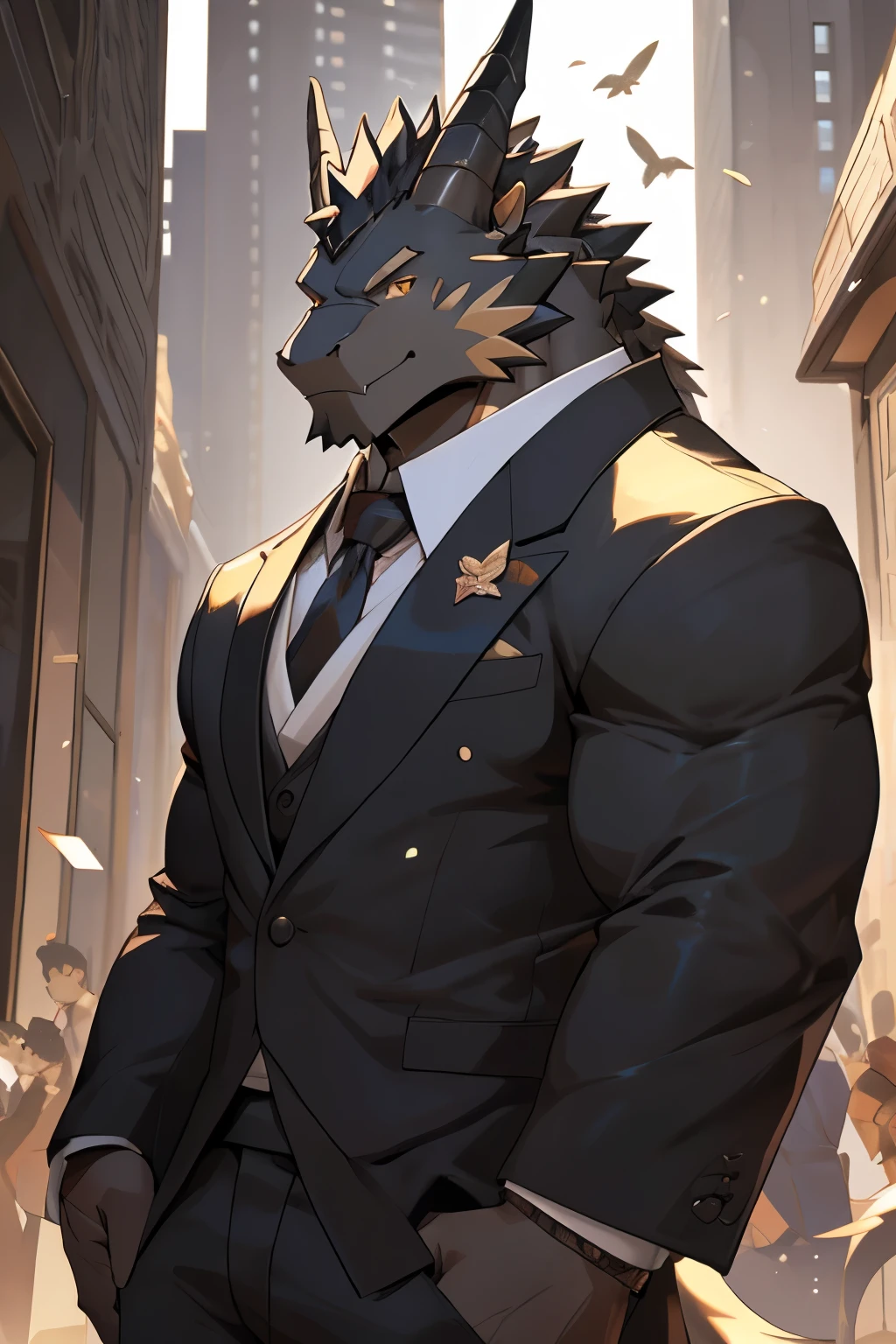 (best quality, masterpiece, ultra-detailed, intricate, illustration, detailed lighting)(1muscular black dragon character:1.5), (golden eyes:1.4), (black suit:1.5),(muscular build:1.4),dragon boy, Dragon,short hair, dark skin, Convex,Looking at the audience,zixiong, nj5,tailored black suit,(masterpiece),Very detailed,(best quality),Black Hair,Golden pupils,Extremely strong,(solid physique),(Huge size),8k,(high quality),Japanese Animation,standing outside sleek modern high-rise apartment building,tailored black suit, crisp white shirt