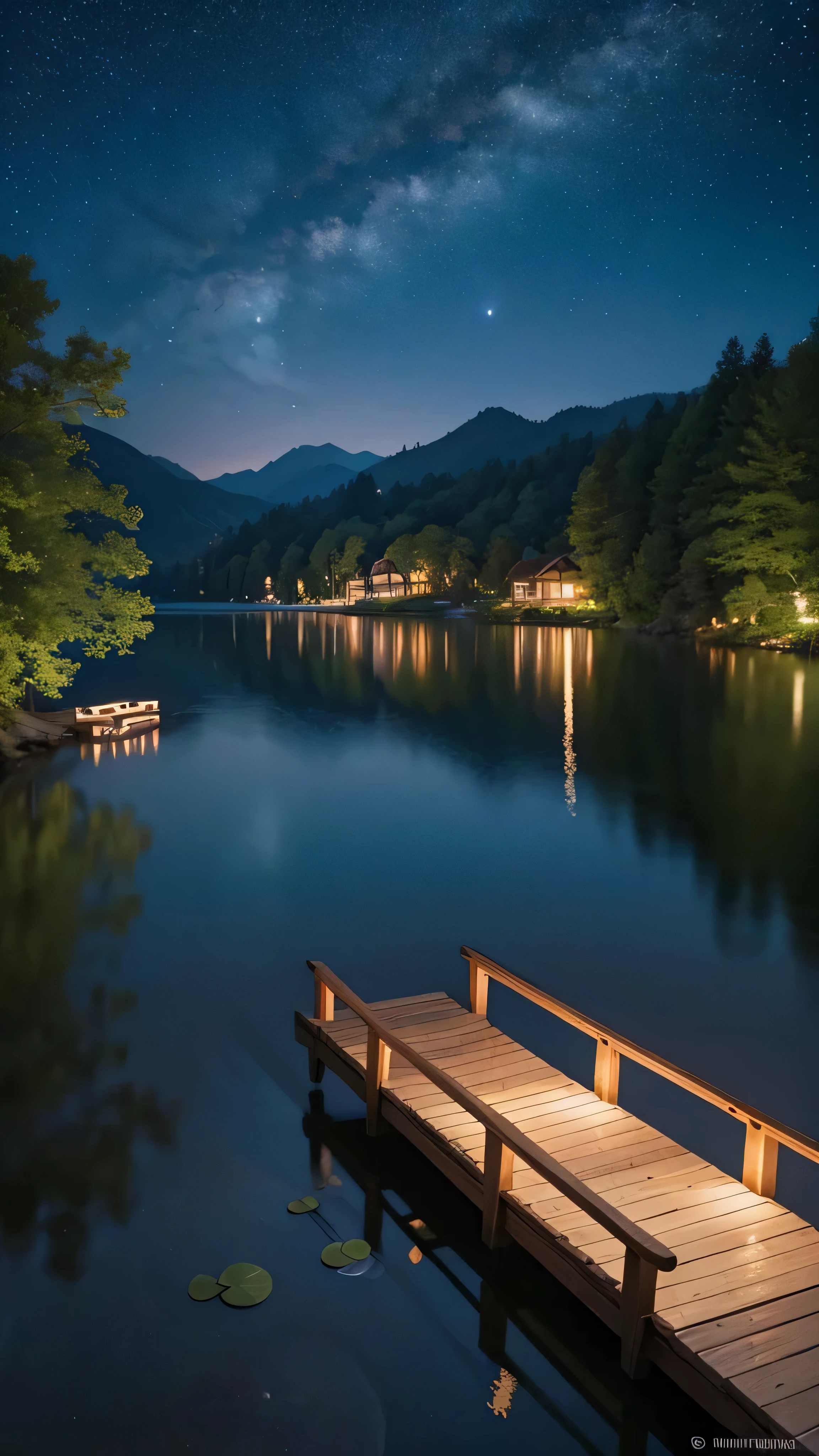 In the calm night view、A calm starry sky with twinkling stars、It is captured in a very realistic and detailed painting.。Nestled in this mysterious environment is、On a lively and quiet lake、Its surface gently reflects the celestial bodies above.。Graceful water lilies float on the glassy surface of the water.、Adds a delicate beauty。A sturdy wooden bridge spans the lake.、Knotty boards and rustic railings blend in with the natural backdrop。Every line and shadow in this crayon and colored pencil masterpiece is transformed into a beautiful image.