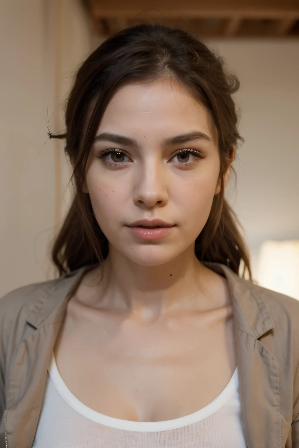 Obra maestra, mejor calidad, woman symmetrical structure, con una frente amplia y cejas bien definidas. Sus ojos son oscuros y expresivos, with well-formed eyelids. La nariz es recta y fina, mientras que los labios son suavemente delineados. Expression of suffering White T-shirt with a light brown coat