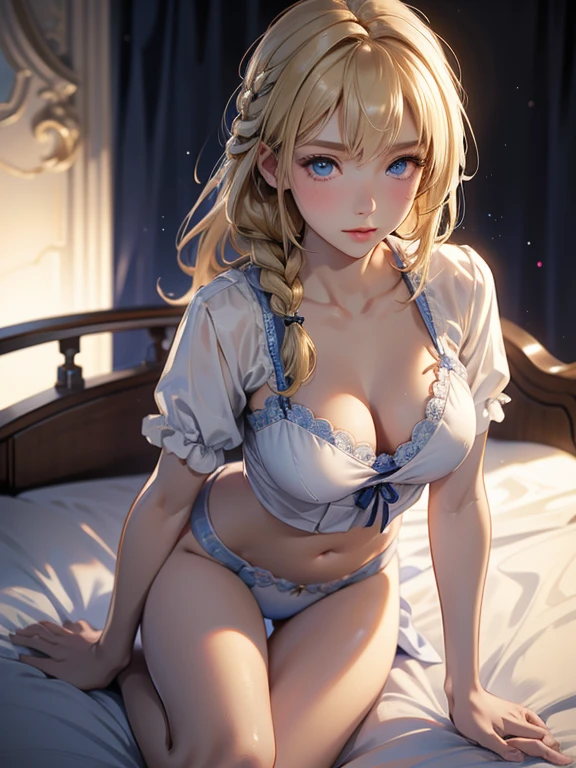 highest quality, Ultra-high resolution, (Realistic: 1.4), One , Detailed face、blush, blue eyes, Blonde, Braid, Silk Panties, Classic Western-style building, bed, Lie on your back