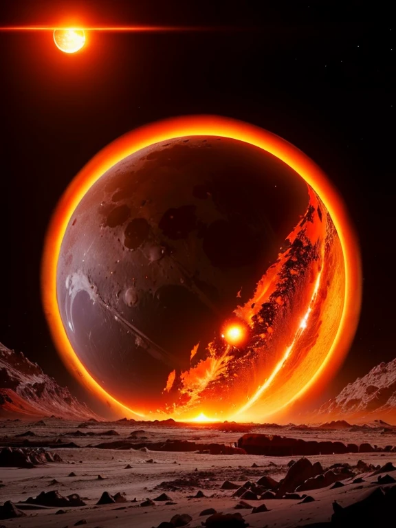 a view of a planet with a bright orange ring around it, glowing magma sphere where magma fully spans across the planet in a vein-like structure, destroyed planet, the moon crashes into the earth, the moon crashing into the earth, planet with rings, apocalyptic spherical explosion, a large sphere of red energy, red rising planet, orange planet, nuclear blast moon eclipse, exploding planet in background